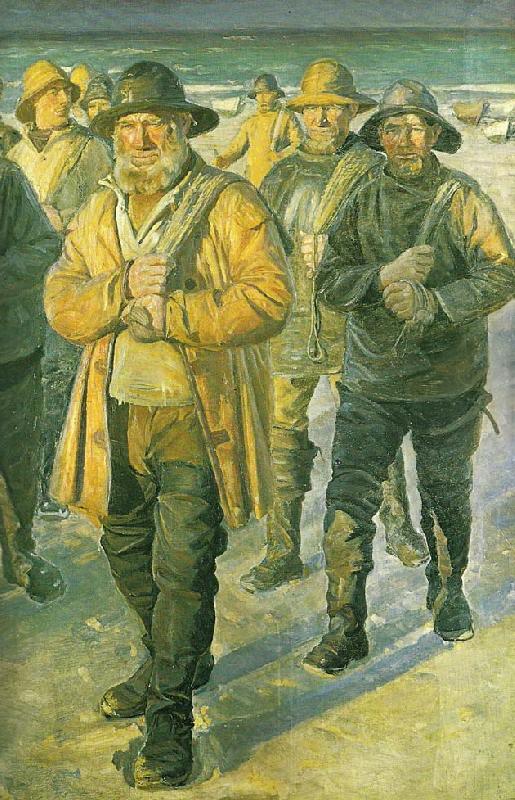 Michael Ancher fiskere pa vej hjem fra nordstranden i aftenbelysning oil painting image